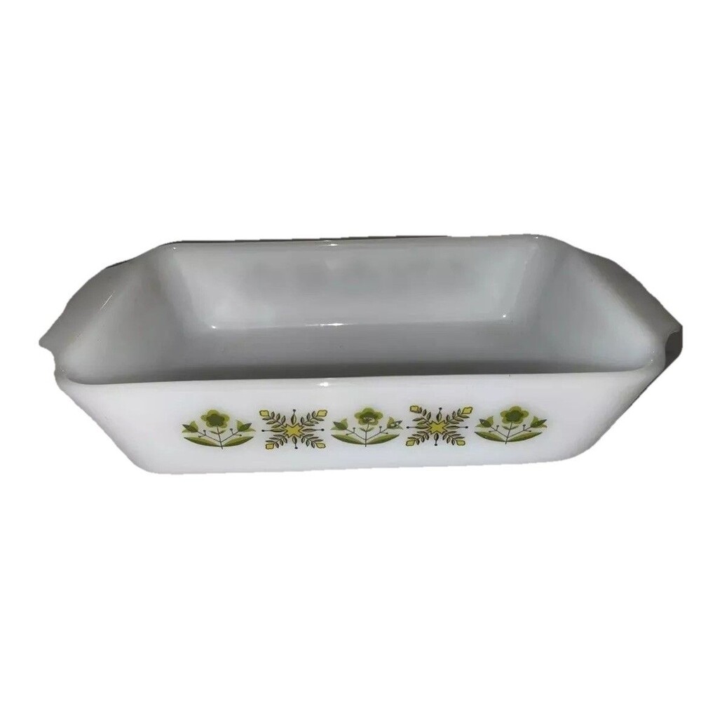 Fire King Vintage Loaf Pan white with green flowers